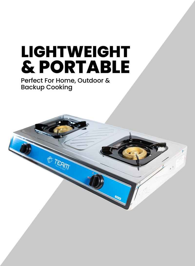 TEAM Gas Cooker Double Burner | Stainless Steel LPG Gas Stove | High Heat Output 6.4kW | Low Gas Consumption 466g/h | Durable, Portable Gas Cooker for Home & Outdoor Use - Image 4